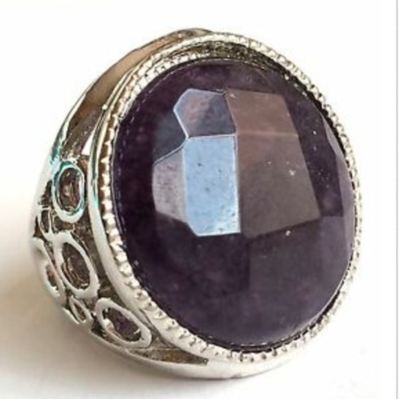 Silver Amethyst Deco Cocktail Ring Size 5 7 8 9 10 Natural Stone Purple Plated - Picture 2 of 8